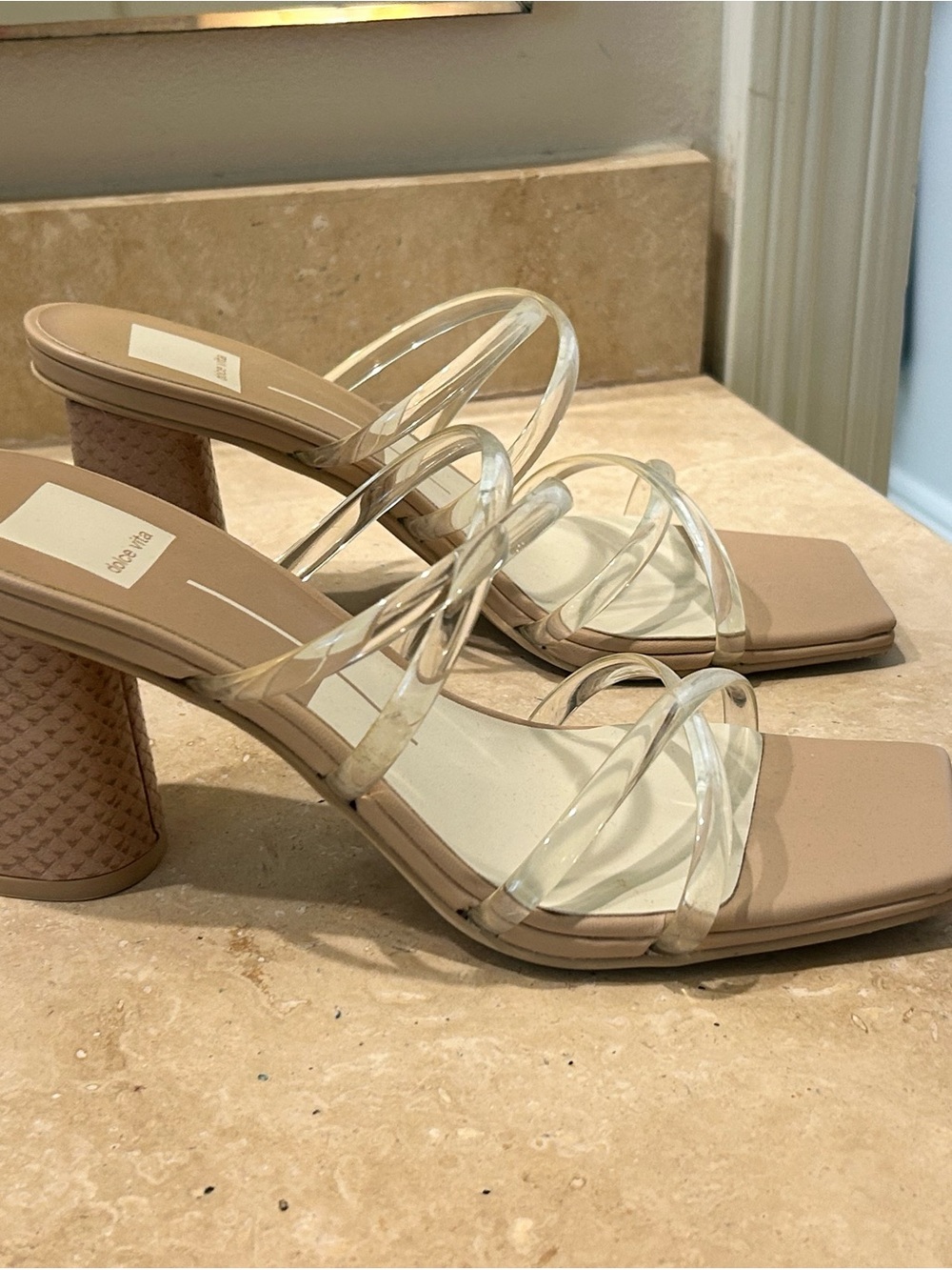 Dolce Vita Clear-Strap Beige Block Heel Sandals
